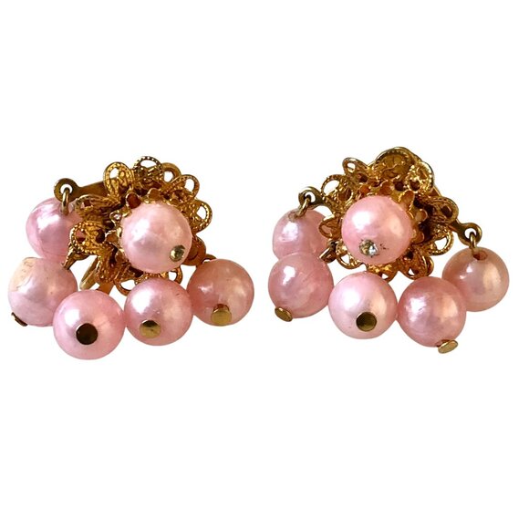 Mid Century Screw Back Earrings Pink Beads Cluster Goldtone Metal Dangling - Picture 4 of 11